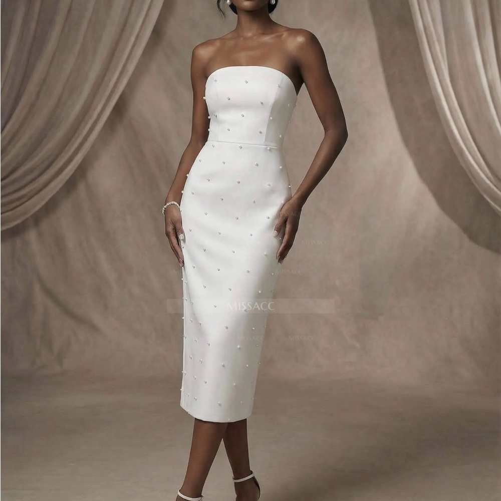 Strapless White Midi Dress with Pearl Details runs small